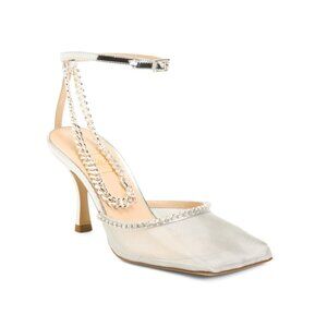 NALEBE Silver Made In Italy Ankle Wrap Heeled Mule Sandals With Chain